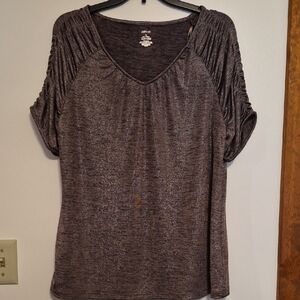 Jennifer Lopez Womans Cocoa Brown Shimmery Short Sleeve Blouse SZ XL
